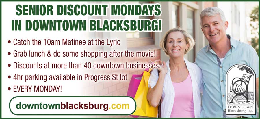 Senior Discount Mondays in Downtown Blacksburg